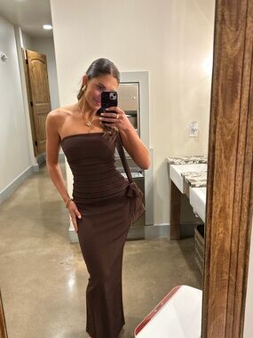 Strapless Chocolate Brown Ruched Maxi Dress